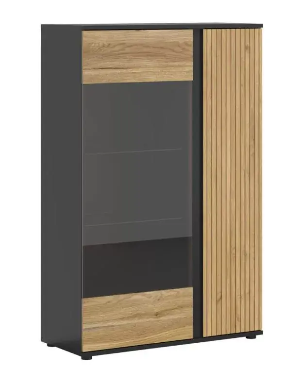 Azonnal elérhető BRW LUEN alacsony vitrin (REG1W1D) - tegola tölgy/mauvella tölgy/fekete