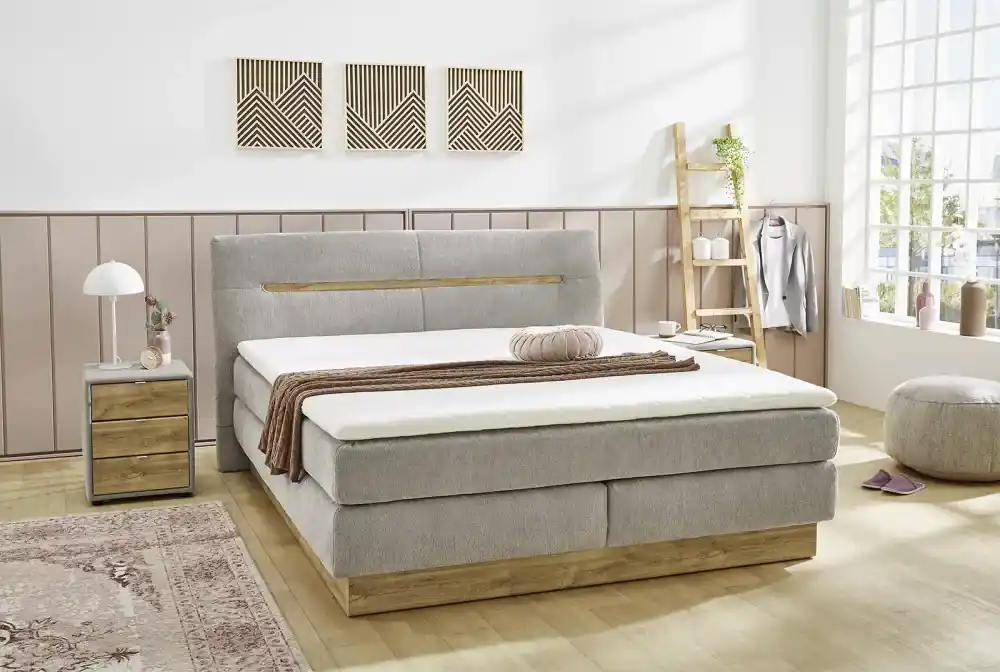 Nika boxspring ágy ( 180 x 200 cm) - zsenília hatású szürke / gerenda tölgy Alacsony ár