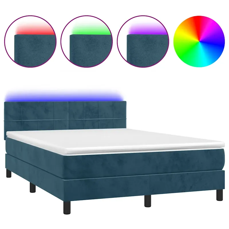 sötétkék bársony rugós és LED-es ágy matraccal 140x200 cm Biztonságos fizetés