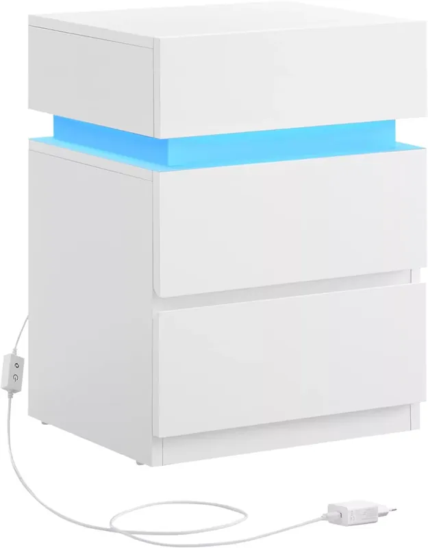 Árcsökkenés Éjjeli szekrény, hálószobai lerakóasztal, állítható LED fényekkel, fehér 35x40x55cm