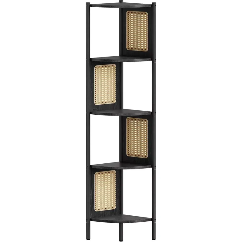Végkiárusítás Sarok állópolc, rattan oldalpanelekkel, fekete, 32x32x156cm