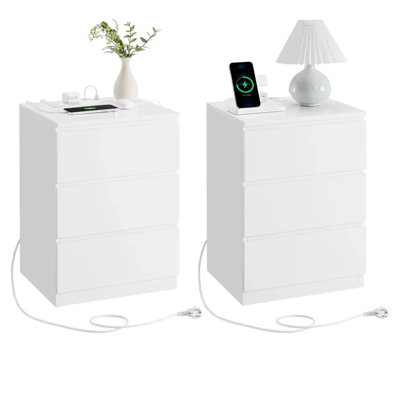 2 db éjjeliszekrény, fiókos, modern, USB aljzattal, fehér 40x30x50cm Bestseller