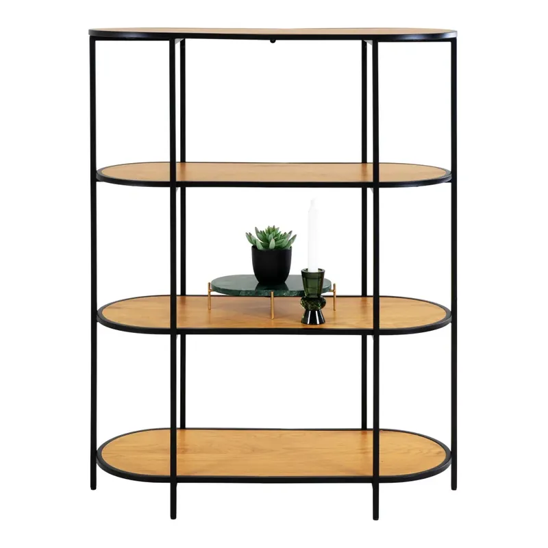 Könyvespolc, ovális polc, tölgy hatású fekete kerettel 85x36x111cm Népszerű