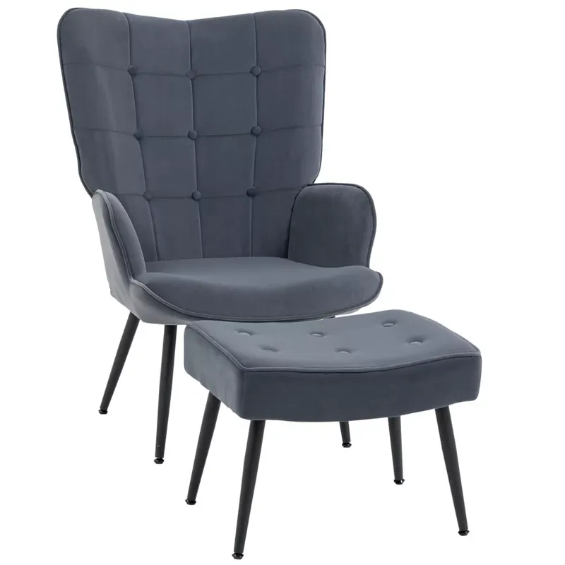 Árcsökkenés Karfás fotel lábtartóval, relax fotel, kárpitozott, bársony huzat, kékesszürke