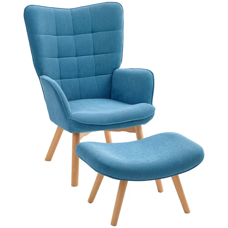 Karfás fotel lábtartóval, relax fotel, kárpitozott, kordbársony hatású, kék Ajánlat