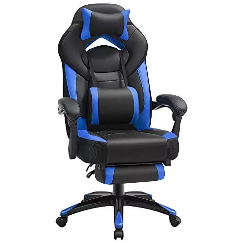 Népszerű Irodai szék, gamer szék műbőr, lábtámasszal, fekete-kék